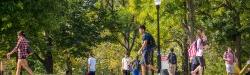 Students walking across campus