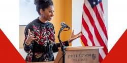 woman speaking from podium